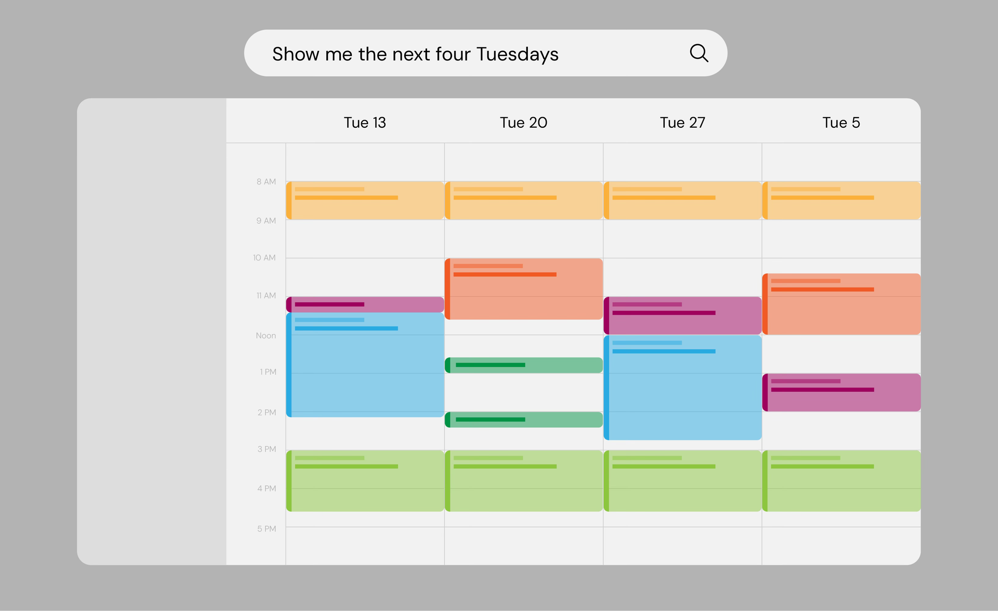 Illustration of a calendar; beneath an input box with the words "show me the next four Tuesdays" is a four-column calendar showing those results with colored pills illustrating events
