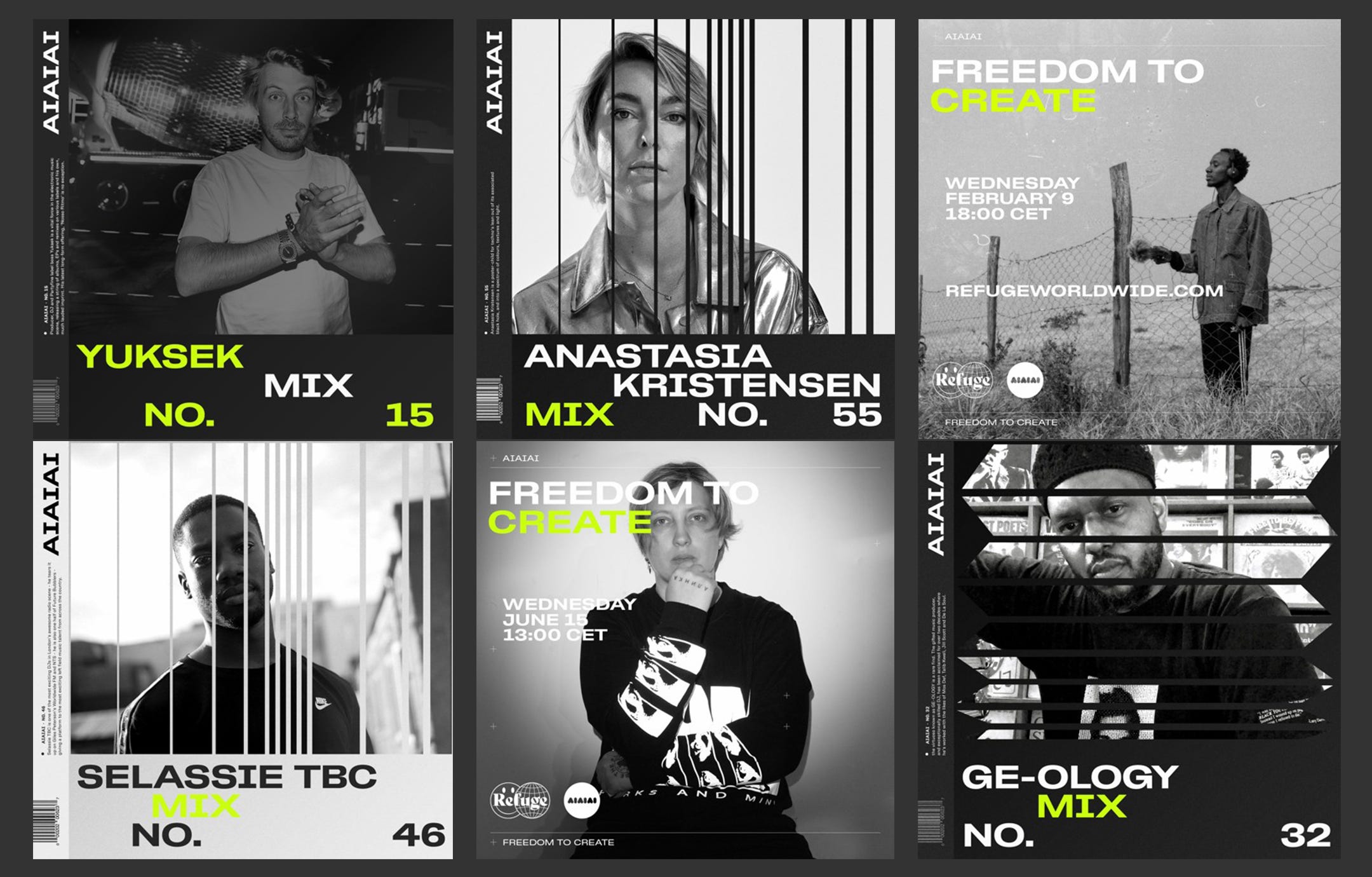 A grid of black-and-white poster designs used as covers to AIAIAI DJ mixes