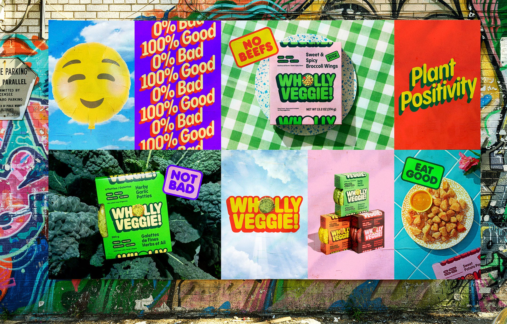 A rendering of a wall of posters featuring the Wholly Veggie rebrand