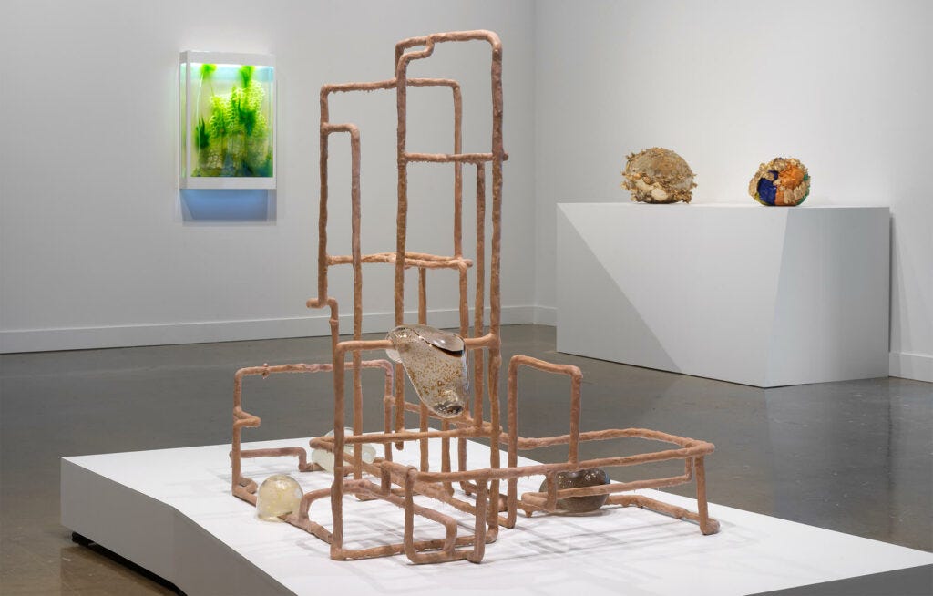 Installation view of sculptures in an art gallery. On a pedestal in the foreground is a pinkish gridded structure on which four "melting" forms, seemingly made of glass, are resting. In the background is a sculpture on the wall that looks like a terrarium and two spherical sculptures on a pedestal that look to be made of organic materials.