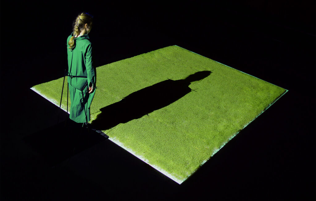 In a darkened, theatrically lit space, a woman seen wearing green, seen from above and behind, stands along the edge of a large patch of moss. Her shadow is projected onto the moss.