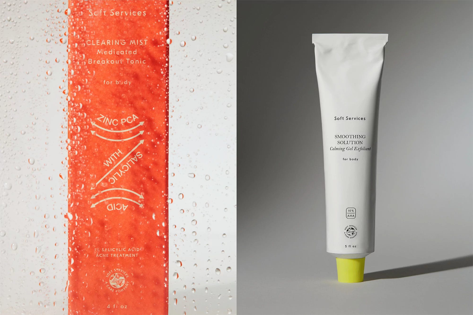 Two photographs of skincare products: on the left, a red box labeled "Clearing Mist" seen through drops of water; on the right, a tube of "smoothing solution" with a yellow cap stands upright on a gray background