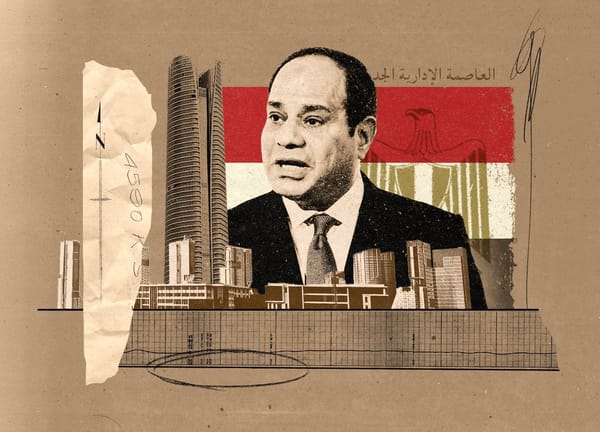 On a textured brown background, a collage of images including Abdel Fattah el-Sisi, the Egyptian flag, and a skyscraper